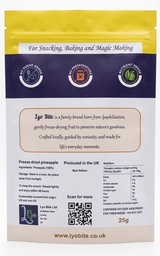 Lyo Bite freeze-dried pineapple packaging with branding and product details.