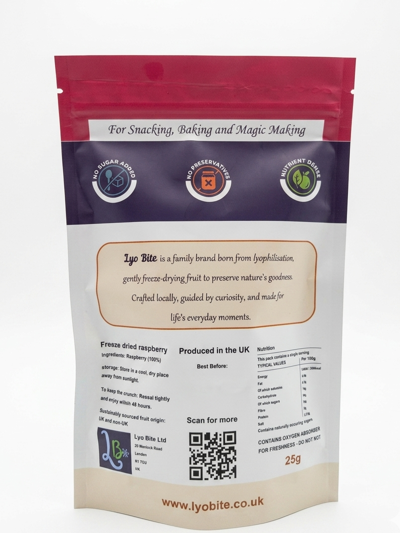 Back view of a lyo bite freeze dried raspberry package with text and branding on a white background
