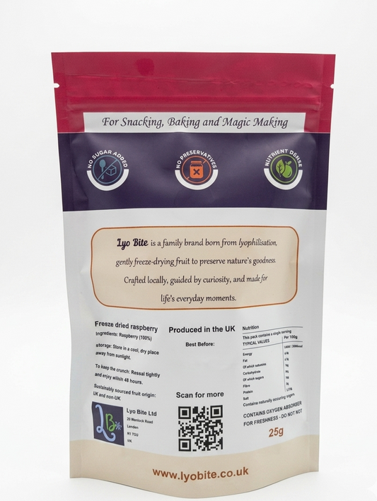 Back view of a lyo bite freeze dried raspberry package with text and branding on a white background