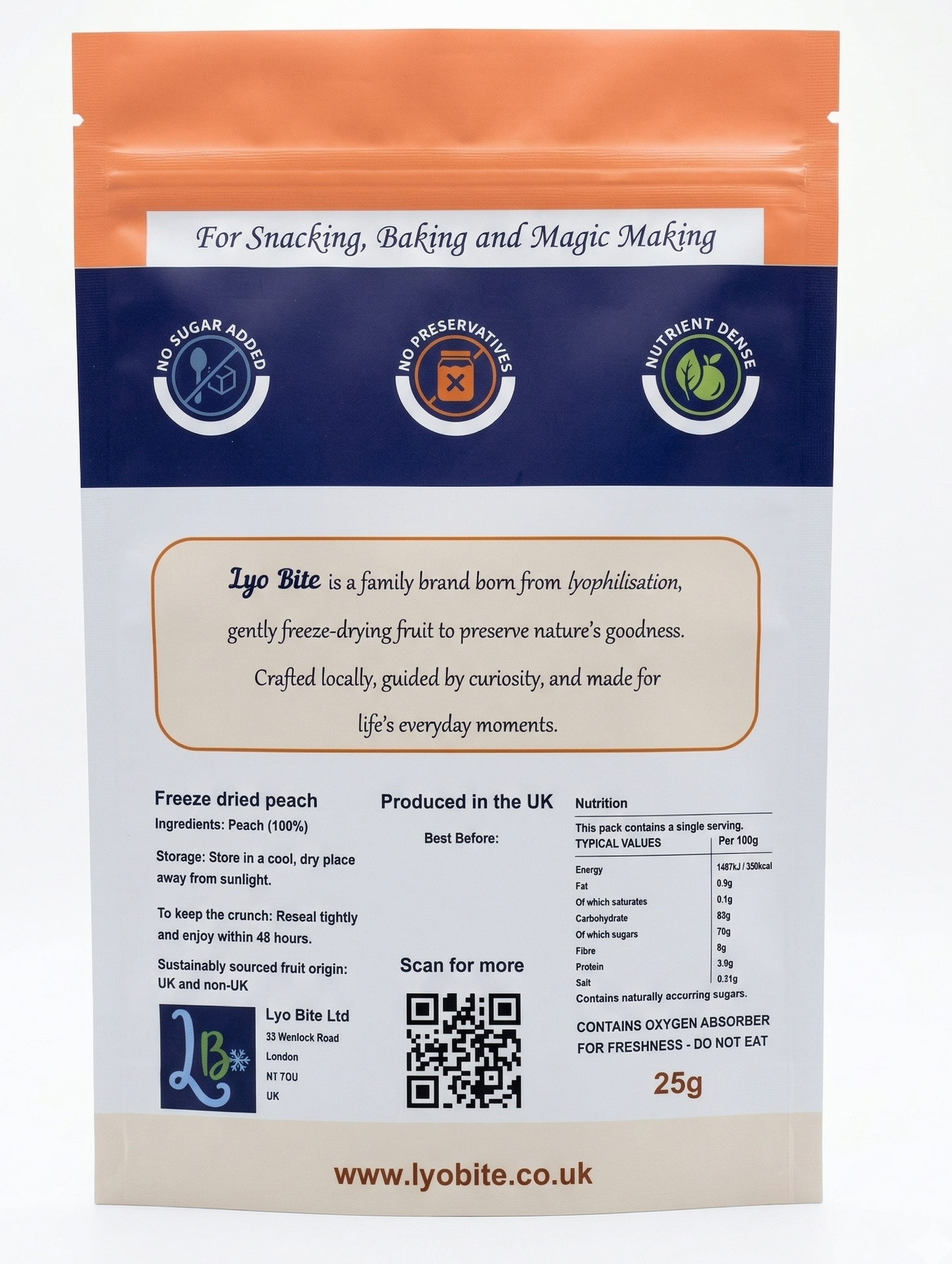 Lyo Bite freeze-dried peach back of pack no sugar added, no preservatives, nutrient dense, produced in the UK