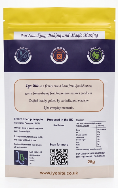 Lyo Bite freeze-dried pineapple packaging with branding and product details.