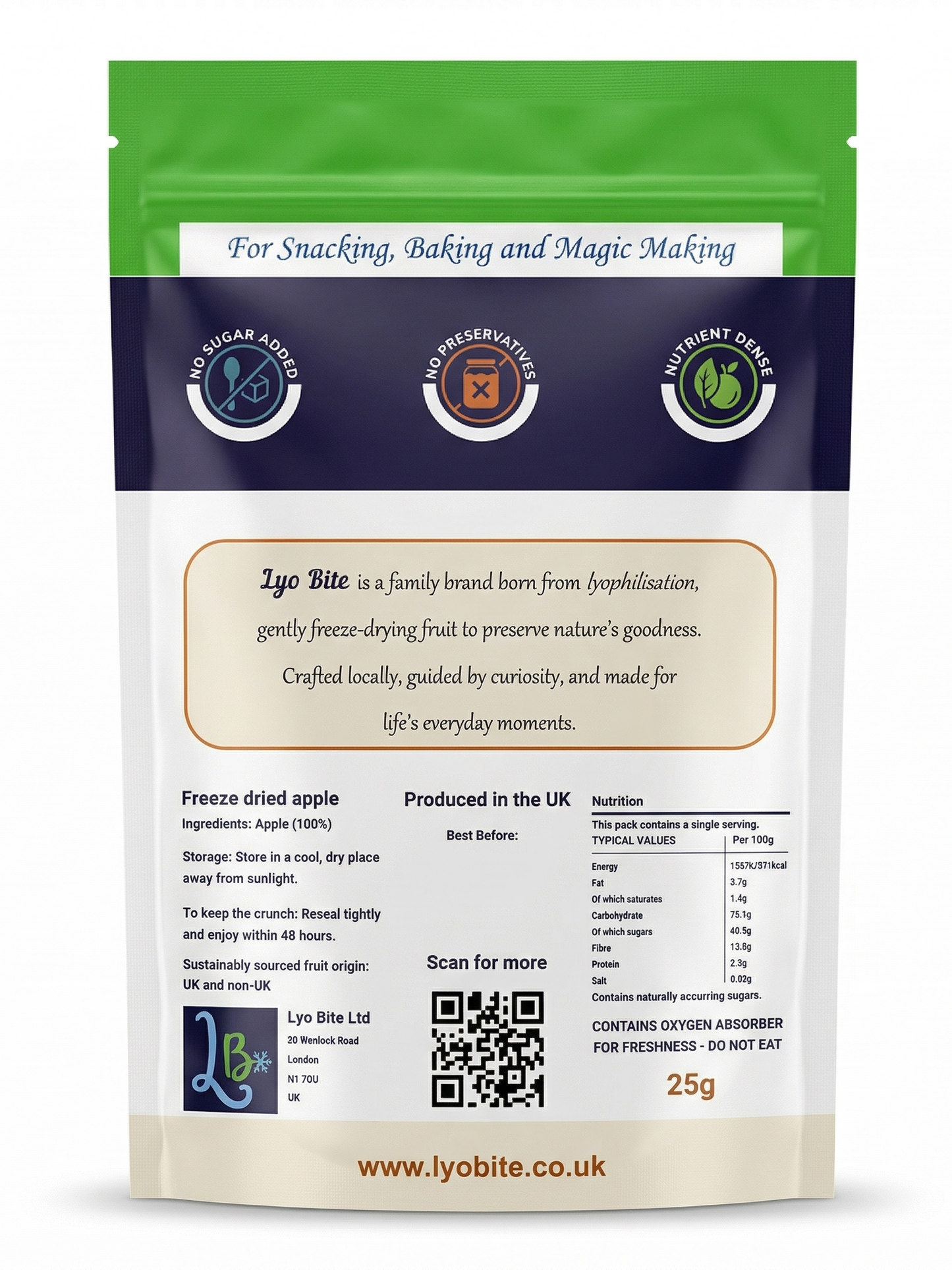 Lyo Bite freeze-dried apple snack bag; pure fruit, no additives, UK made