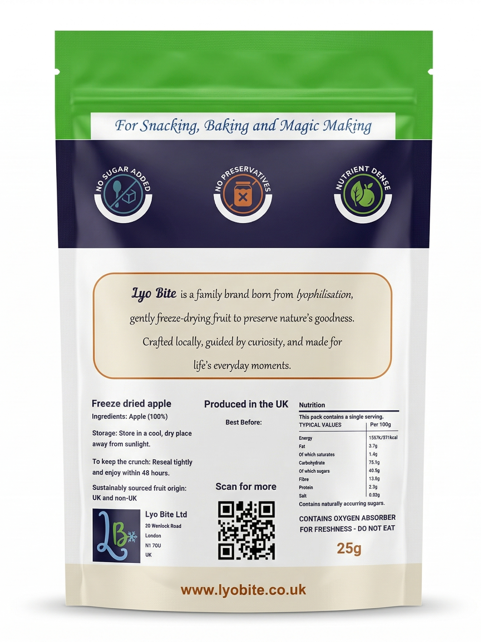 Lyo Bite freeze-dried apple snack bag; pure fruit, no additives, UK made