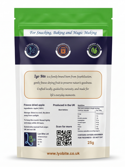 Lyo Bite freeze-dried apple snack bag; pure fruit, no additives, UK made