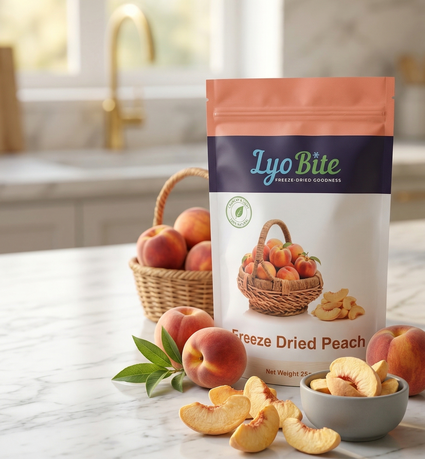 Freeze-dried peach snack bag by Lyo Bite