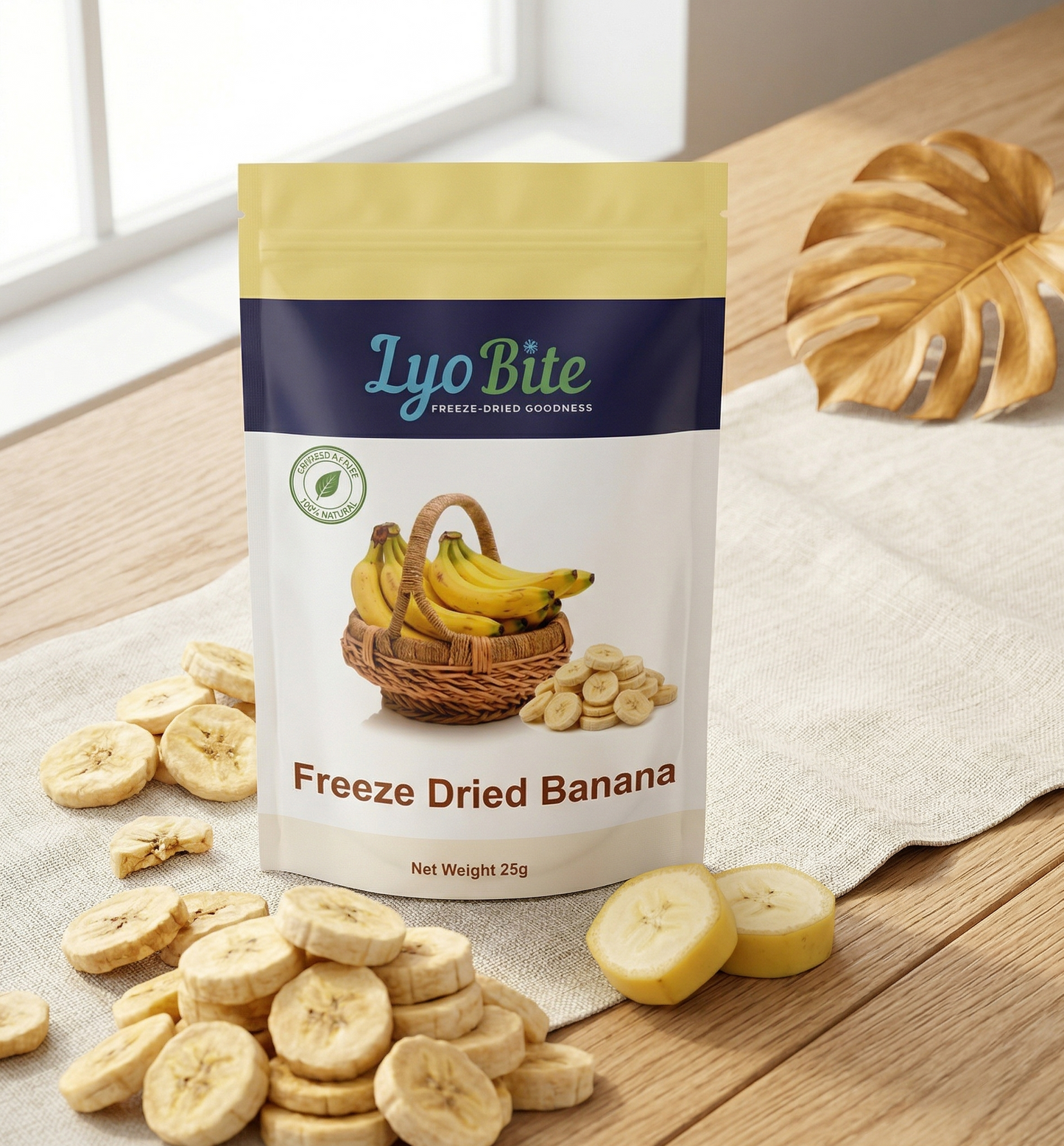 Freeze-dried banana snack bag by Lyo Bite