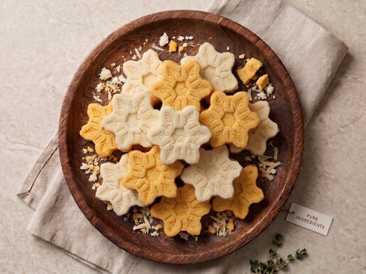 Lyo Bite freeze-dried cheese snack — Leicester and Cheddar snowflake shapes, 25g, made in the UK