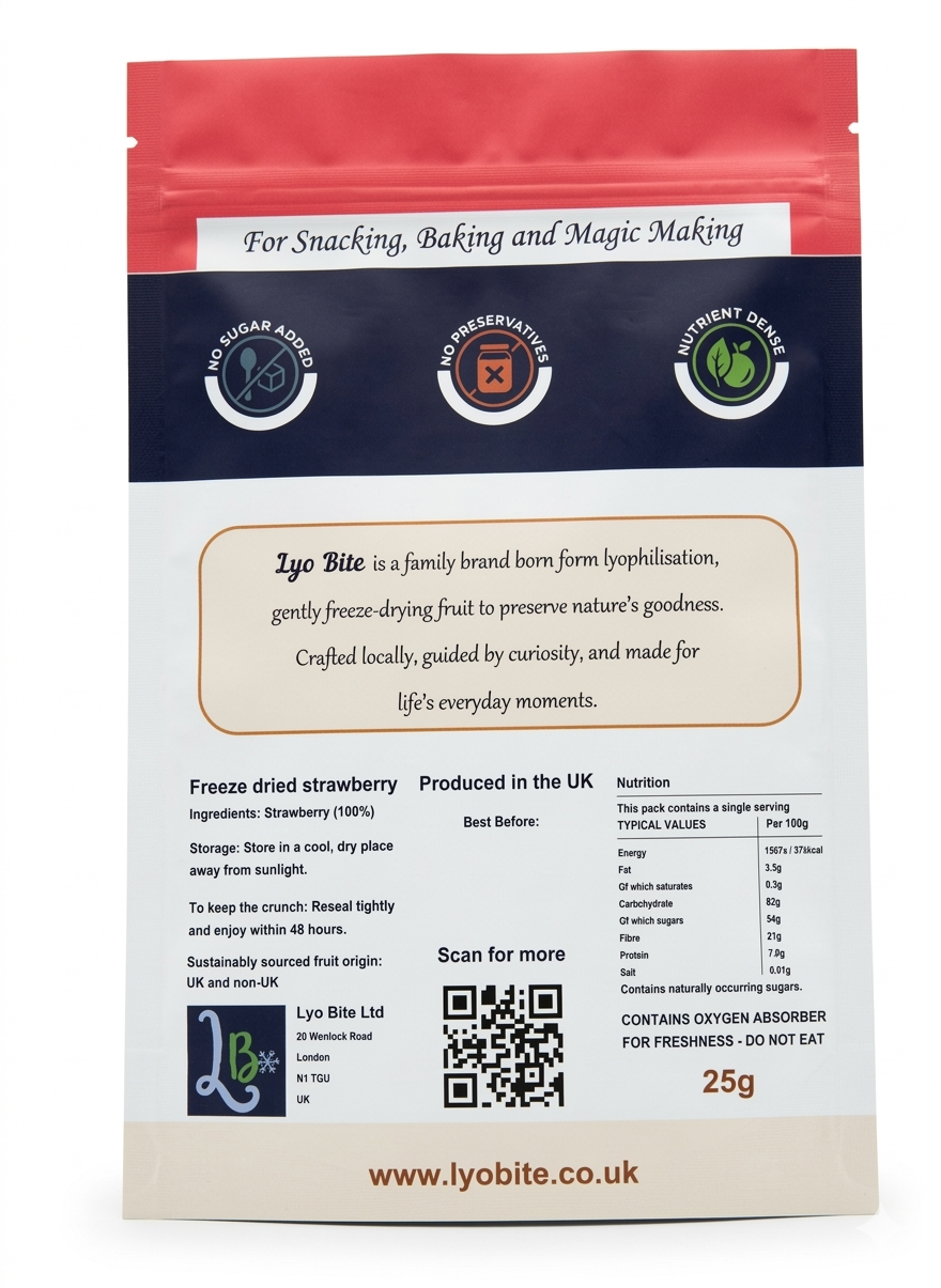 Lyo Bite freeze-dried strawberry snack bag — pure fruit, nutrient dense, produced in the UK
