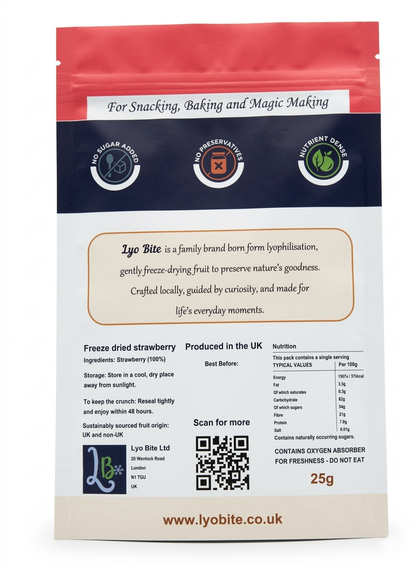 Lyo Bite freeze-dried strawberry snack bag — pure fruit, nutrient dense, produced in the UK