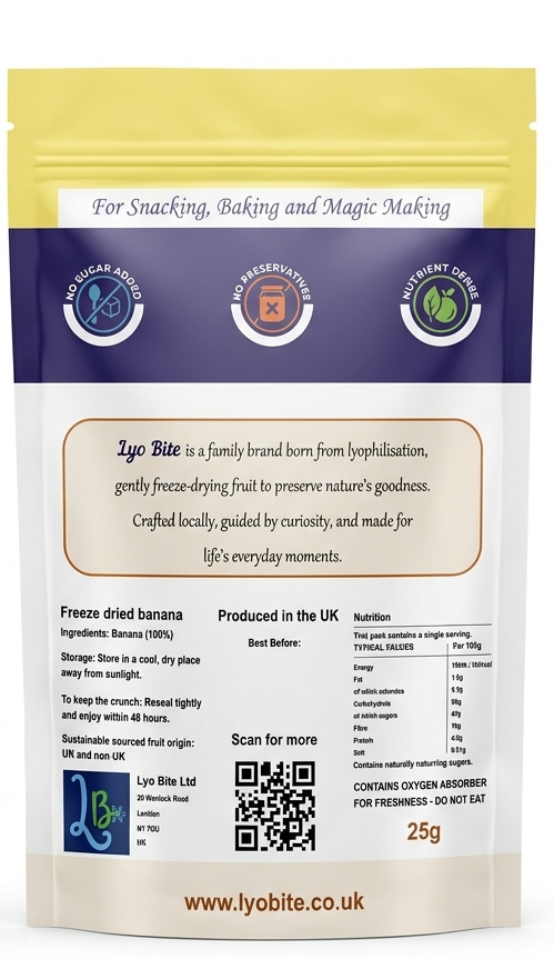 Lyo Bite freeze-dried banana packaging  pure fruit, no additives, UK made