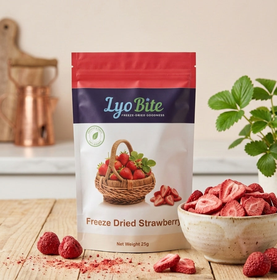 freeze-dried strawberry snack bag by Lyo Bite 