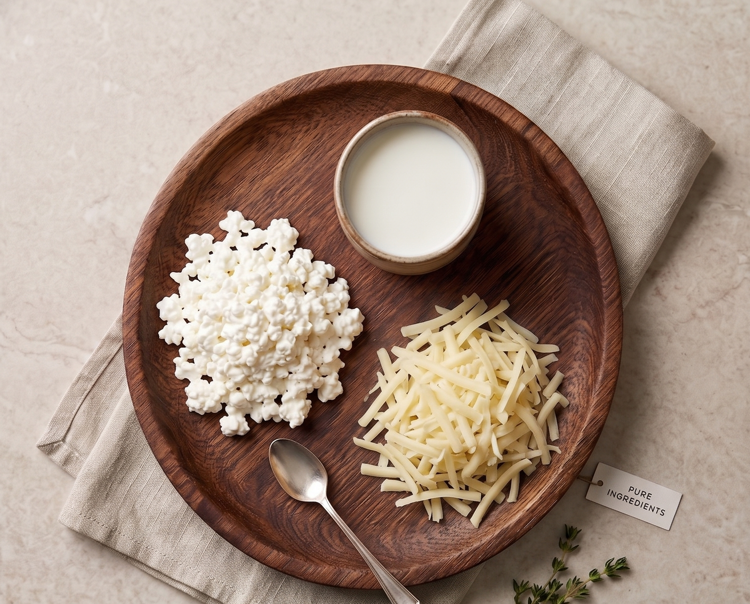 Wooden plate with Cheddar cheese, cottage cheese, grated cheese, and a small bowl of milk on kitchen.